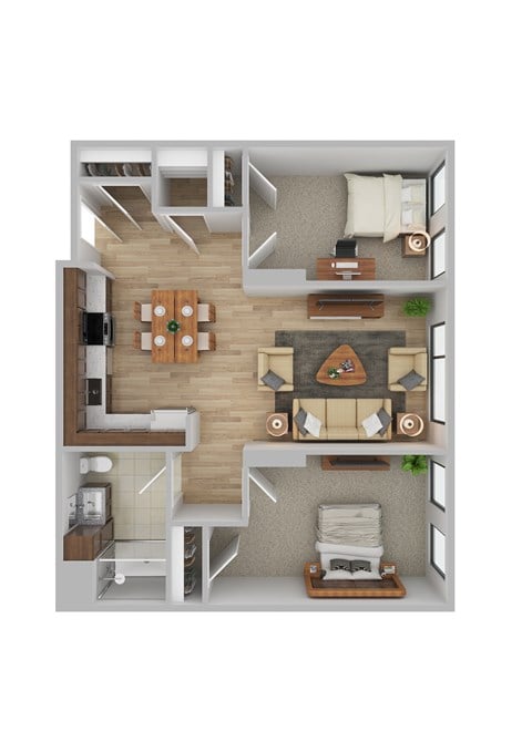 Floor plan for 2 beds, 1 bath, 797 sqft